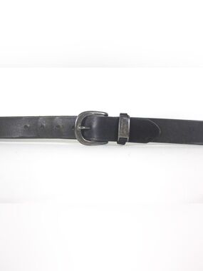 Vintage Distressed Black Leather Work Belt Silver Buckle Worn In Thrashed Grunge